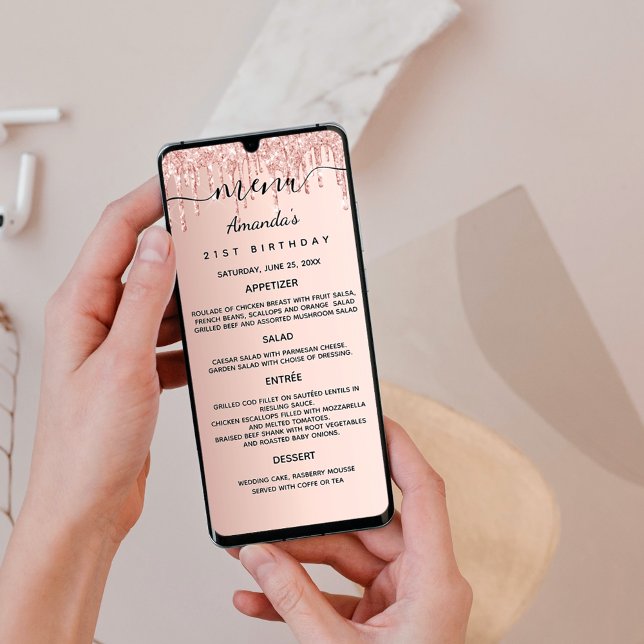 Abendmenü Rose Gold Glitzer Karte (Von Creator hochgeladen)