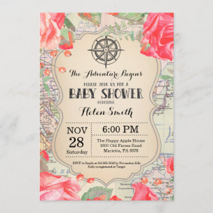 Abenteuer-Babyparty-rote Blumenkarten-Reise-Welt Einladung