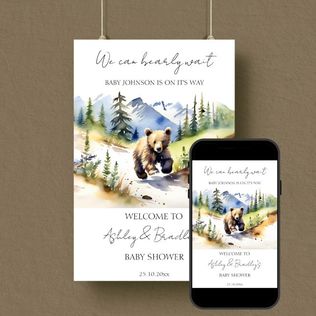 Abenteuer Bären Baby Dusche Begrüßung Poster (Bearly wait national parks bear themed baby shower welcome sign editable template poster download )