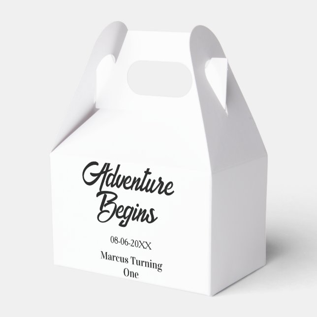 Abenteuer beginnt 1. Geburtstag Name Datum einfach Geschenkschachtel (Vorderseite)