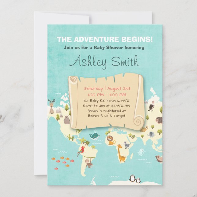 Abenteuer beginnt Dusche einladen Reisen Die Orte Einladung (Vorderseite)