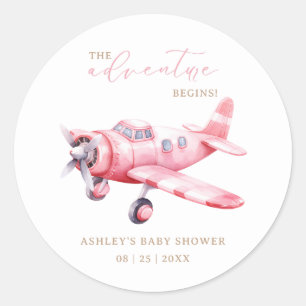 Abenteuer Beginnt Rosa Flugzeug Mädchen Baby Showe Runder Aufkleber