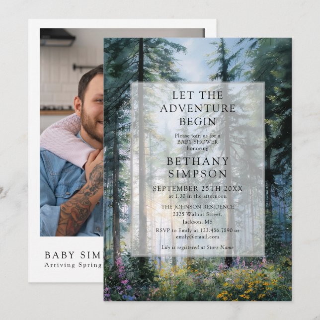 Abenteuer Beginnt Wald Foto QR Code Baby Shower Einladung (Vorne/Hinten)