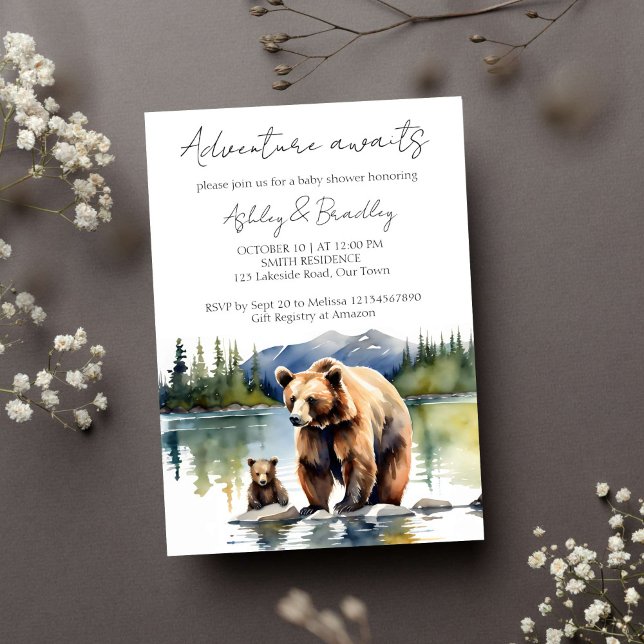 Abenteuer erwartet Bärenkuppe mit Mama Baby Dusche Einladung (Adventure awaits national park themed baby shower template invitation instant download bear cub)