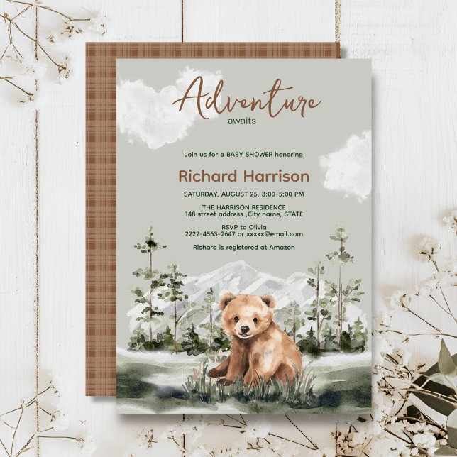 Abenteuer erwartet Bergwaldbärendusche Einladung (Adventure awaits cute watercolor bear, green forest, woodland theme baby shower invitation )
