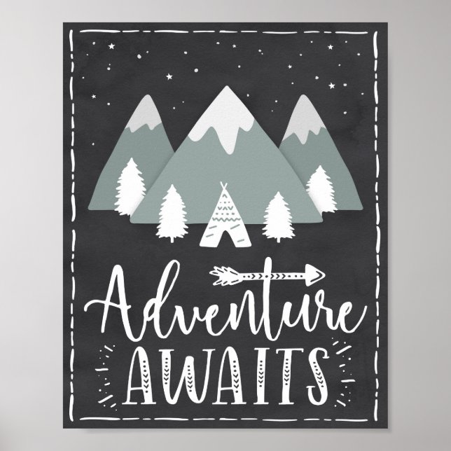 Abenteuer erwartet Boho Mountains Teepee Art Poste Poster (Vorne)