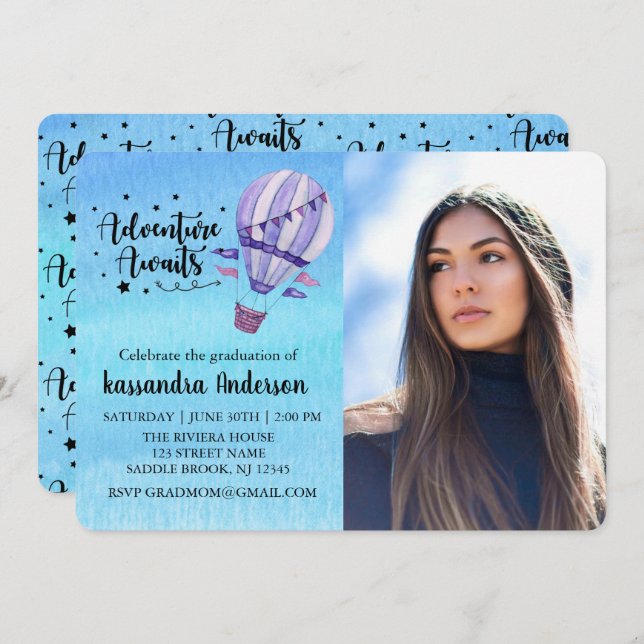 Abenteuer erwartet Heißluft-Ballon-Foto-Abschluss Einladung (Vorne/Hinten)