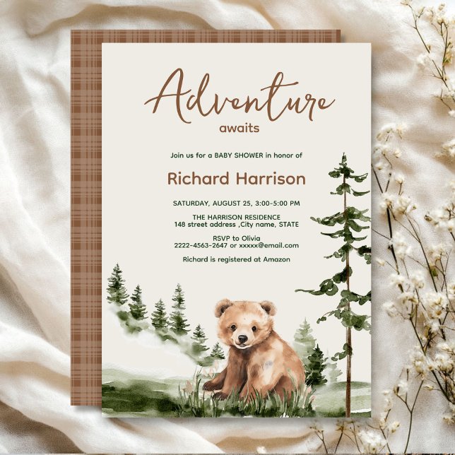 Abenteuer erwartet niedliche Waldbärendusche Einladung (Adventure awaits cute watercolor bear, green forest, woodland theme baby shower invitation )