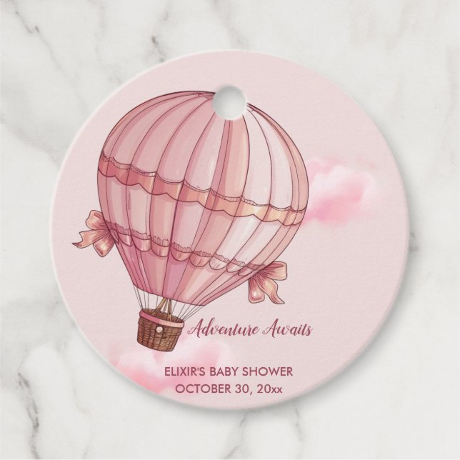 Abenteuer erwartet Pink Hot Air Ballon Baby Dusche Geschenkanhänger (Vorderseite)