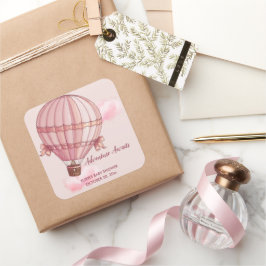 Abenteuer erwartet Pink Hot Air Ballon Baby Dusche Quadratischer Aufkleber