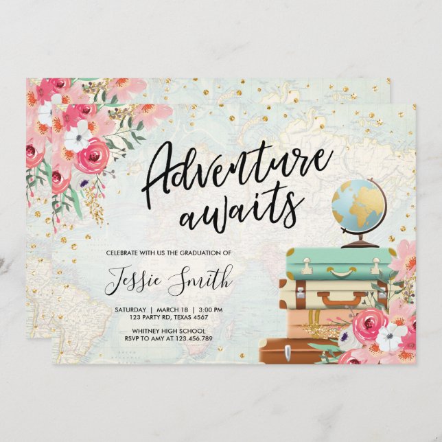 Abenteuer erwartet Reise-Abschluss-Party-Schule Einladung (Vorne/Hinten)