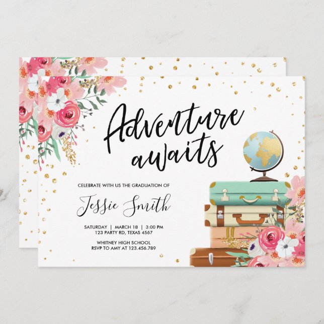 Abenteuer erwartet Reisen Graduation Party School Einladung (Vorne/Hinten)