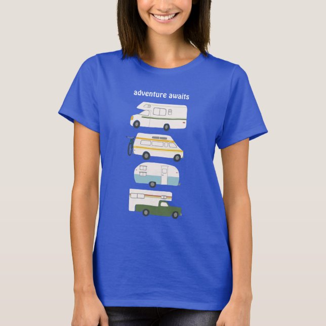 Abenteuer erwartet! Vintager Campervan Vanlife RV T-Shirt (Vorderseite)