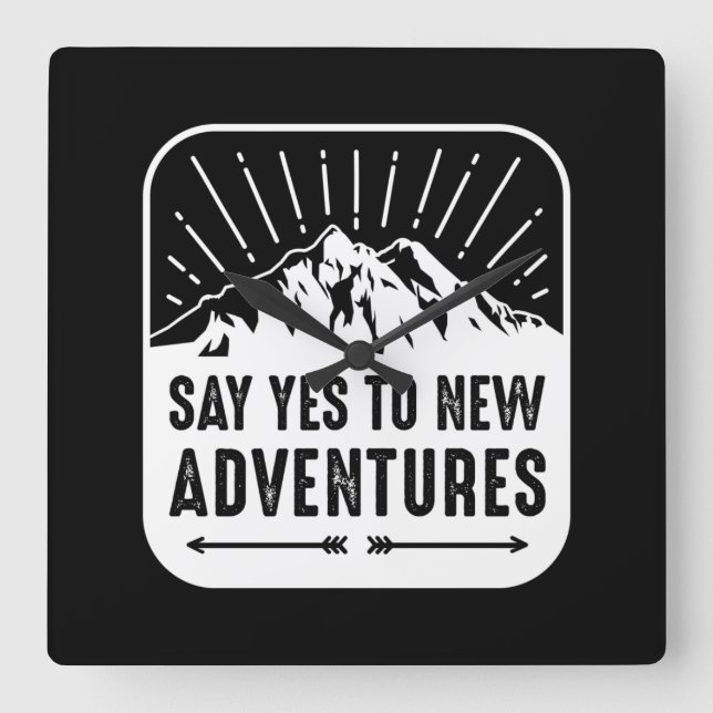 Abenteuer erwartet Vintages Schwarz-Weiß-Angebot Quadratische Wanduhr (Vorderseite)