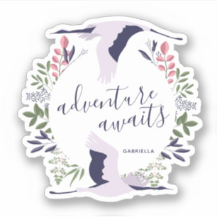 Abenteuer erwartet Wasserfarbenvögel und Kranz Aufkleber