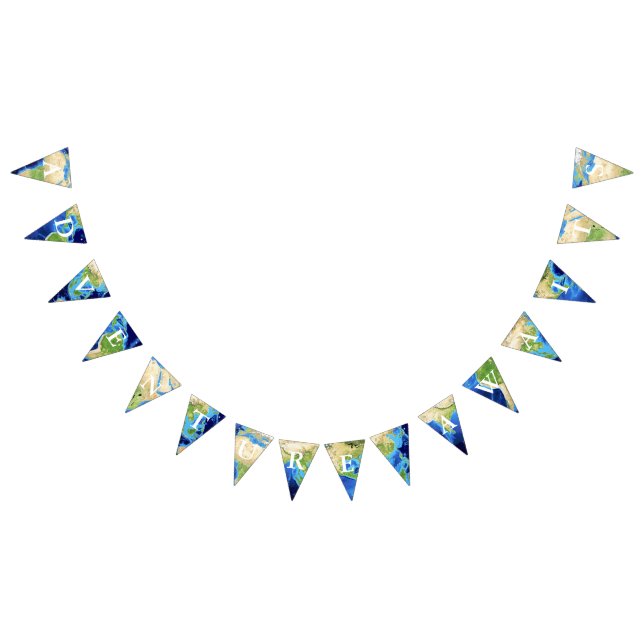 Abenteuer erwartet Weltkugel-Weiß-Buchstaben Wimpelkette (Alle)