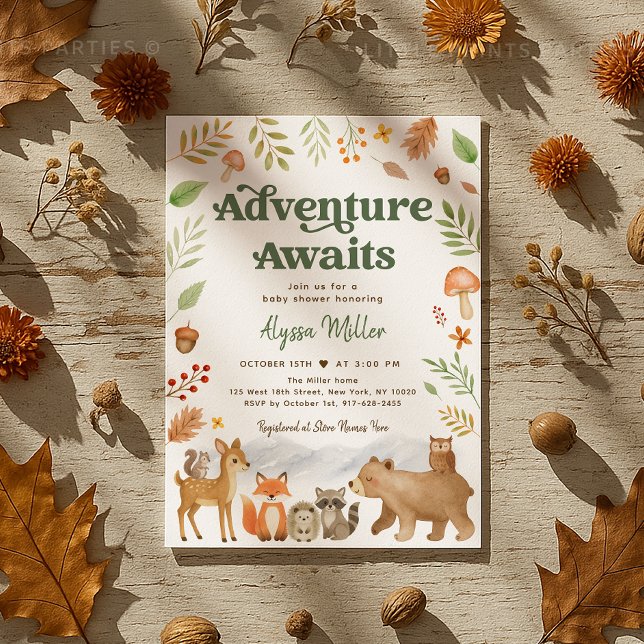 Abenteuer erwartet Woodland Animals Baby Shower Einladung (Sweet woodland animal baby shower invitation in cozy autumn colors 🍁🦔🦊)