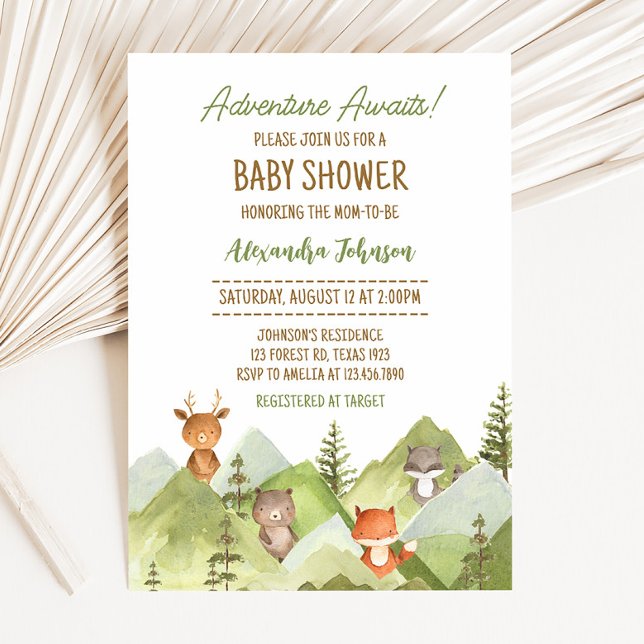 Abenteuer erwartet Woodland Animals Baby Shower Einladung (Woodland Animals Baby Shower Invitation)