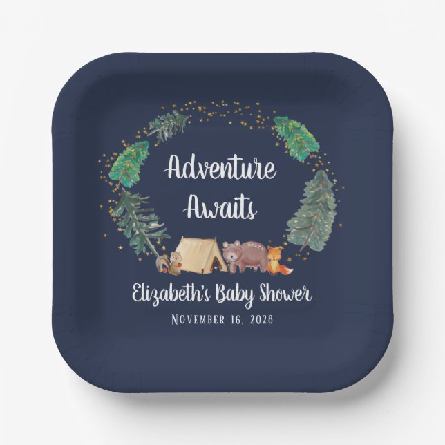 Abenteuer erwartet Woodland Animals Baby Shower Pappteller (Vorderseite)