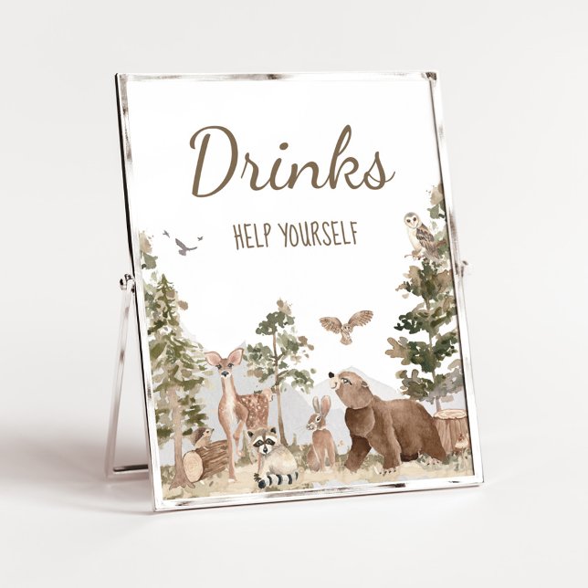 Abenteuer erwartet Woodland Animals Drinks Poster (Woodland Animals Adventure Awaits Baby Shower Drinks Sign)