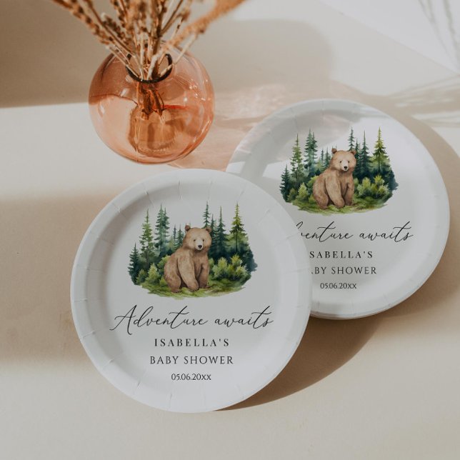 Abenteuer erwartet Woodland Bear Baby Shower Pappteller (Von Creator hochgeladen)
