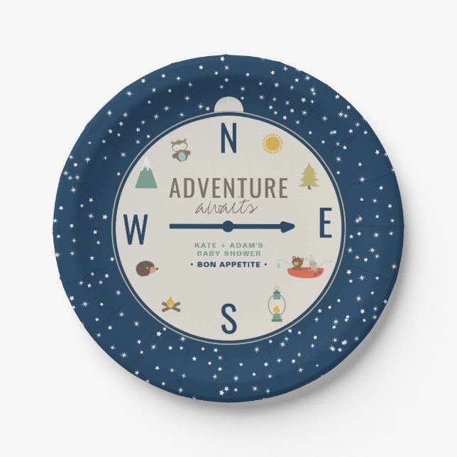 Abenteuer erwartet Woodland Boy Navy Baby Shower Pappteller (Vorderseite)