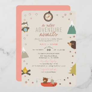 Abenteuer erwartet Woodland Girl Pink Baby Dusche Folieneinladung