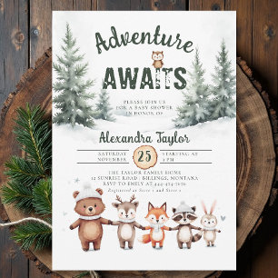 Abenteuer erwartet Woodland Schnee Winter Baby Dus Einladung