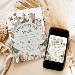 Abenteuer erwartet Woodland-Tiere Arch Baby-Dusche Einladung