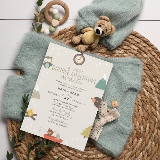 Abenteuer erwartet Woodland Twin Neutral Baby Show Einladung (Von Creator hochgeladen)
