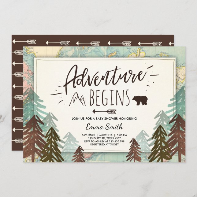 Abenteuer fängt Babypartyeinladung Reisekarte an Einladung (Vorne/Hinten)