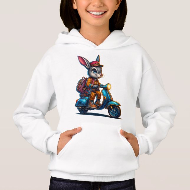 Abenteuer-Hase-Kinderpullover – Whimsical Scooter  Hoodie (Vorderseite)