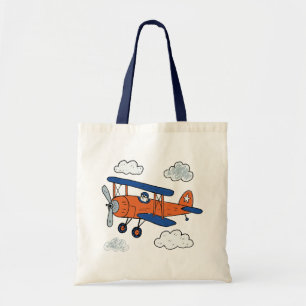 Abenteuer mit einem Vintage-Cartoon-Doppeldecker Tragetasche
