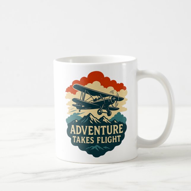 Abenteuer nimmt Flug Retro-Flugzeug Art Kaffeetasse (Rechts)
