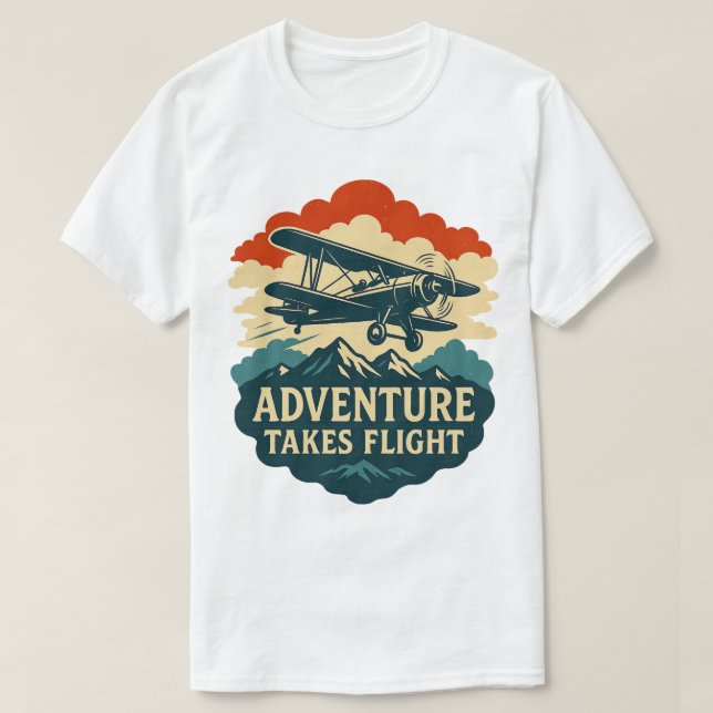 Abenteuer nimmt Flug Retro-Flugzeug Art T-Shirt (Design vorne)