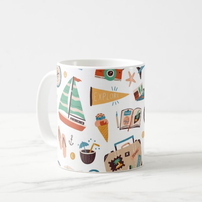 Abenteuer-Reise-Segelboot, Kompass und Urlaub Kaffeetasse (Vorderseite Links)