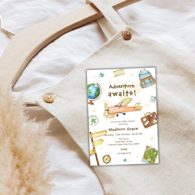 Abenteuer rund um die World Airplane Baby Dusche Einladung (Adventure Around The World Airplane Baby Shower Invitation)