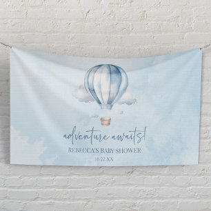 Abenteuer warten! Blaues Heißluftballon-Baby-Showe Banner