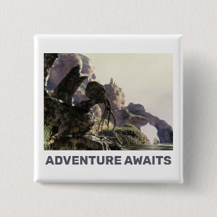 Abenteuer warten. Fantasielandschaft Button