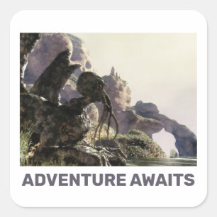 Abenteuer warten. Fantasielandschaft Quadratischer Aufkleber