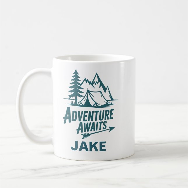 Abenteuer warten Personalisierter Camping-Kaffee Kaffeetasse (Links)