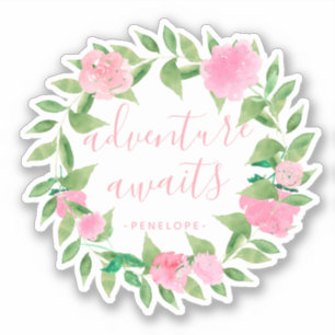 Abenteuer warten Wasserfarbe Kranz mit Namen Aufkleber