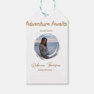 Abenteuer wartet Baby Shower Foto golden rosa Name Geschenkanhänger