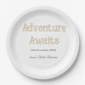 Abenteuer wartet Baby Shower Name Datum Pastell Pappteller