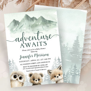 Abenteuer wartet Baby Shower Woodland Grüner Wald Einladung