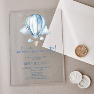 Abenteuer wartet! Blue Hot Air Balloon Baby Dusche Acryleinladungen