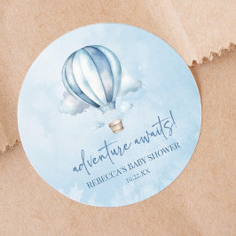 Abenteuer wartet! Blue Hot Air Balloon Baby Dusche Runder Aufkleber