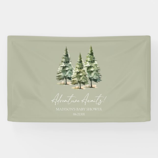 Abenteuer wartet! Winter Pine Trees Baby Dusche Banner (Horizontal)