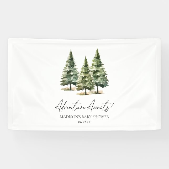 Abenteuer wartet! Winter Pine Trees Baby Dusche Banner (Horizontal)