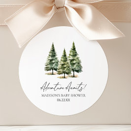 Abenteuer wartet! Winter Pine Trees Baby Dusche Runder Aufkleber